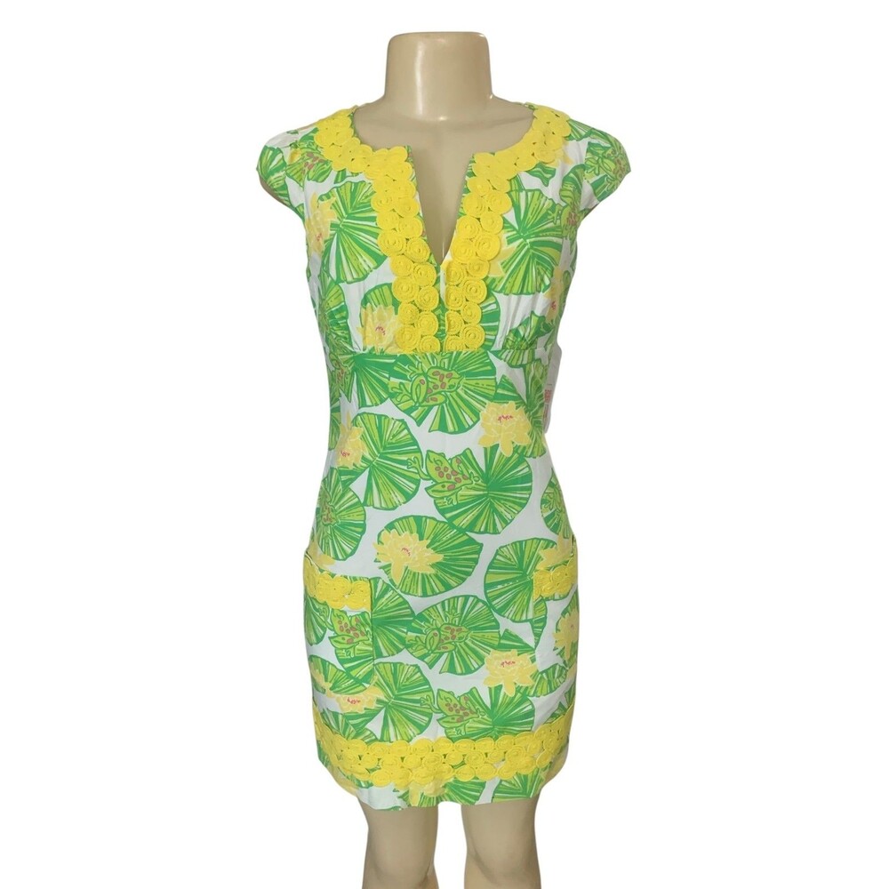 Lilly Pulitzer Dress Womens 0 Green Yellow Floral Shift Lace Trim Pockets Preppy